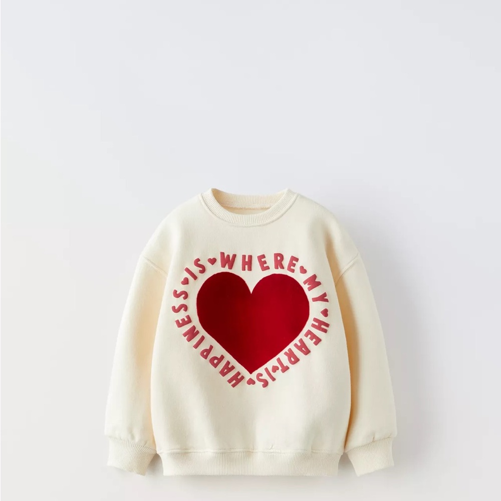 Zara Cream Sweatshirt with Red Heart Design - Size 2-3